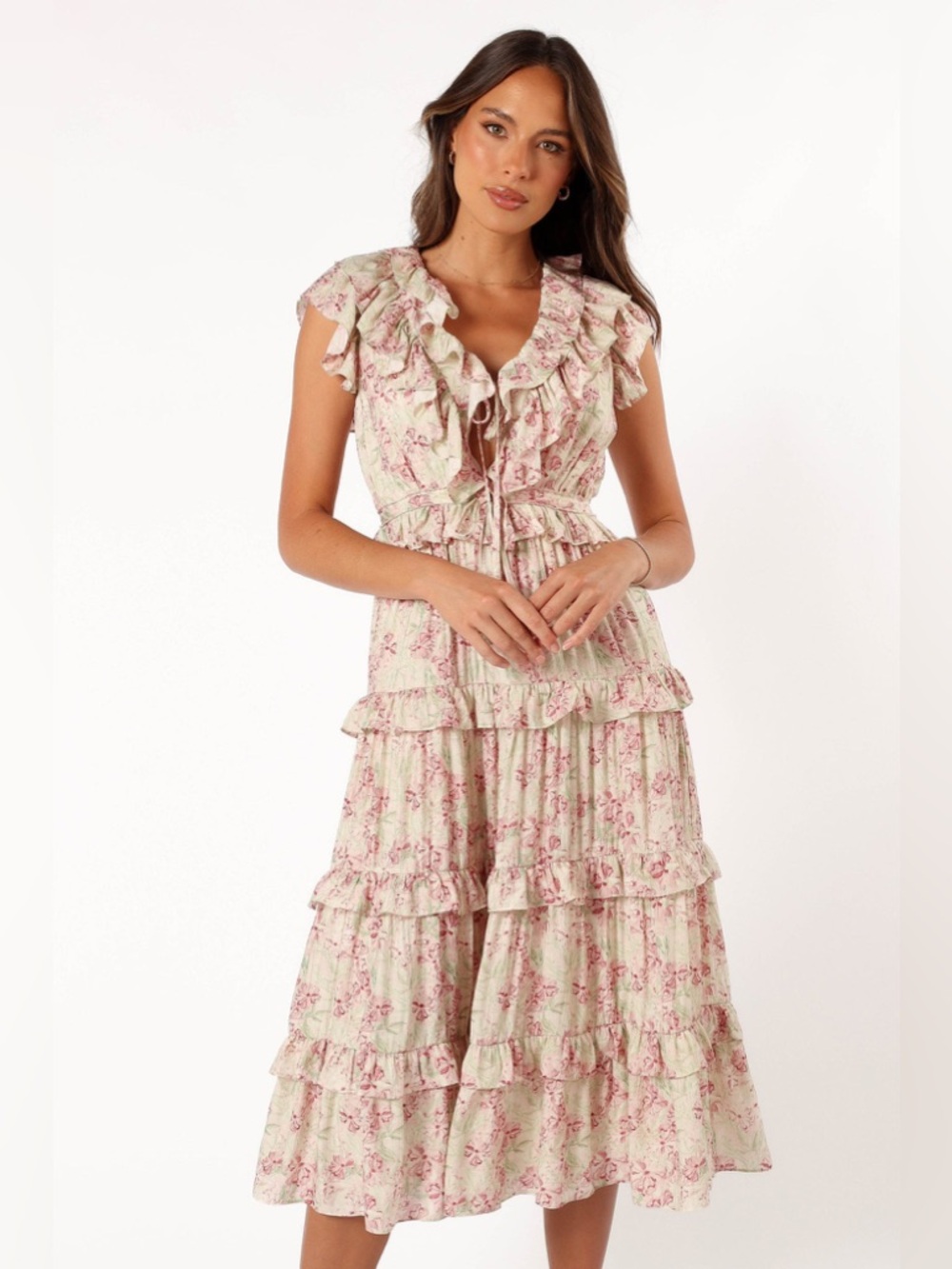 Storia Floral Ruffle Tiered Midi Dress in Cream and Pink Size Large